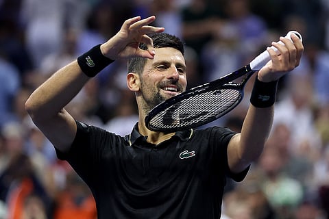 NOVAK Djokovic celebrates after making short work of Jan-Lennard Struff, 6-3, 6-3, 6-2, in the Round of 16 of the US Open men’s singles event on Sunday in New York. 