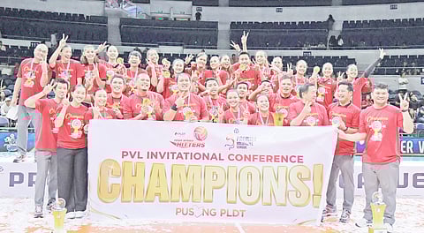 THE PLDT High Speed Hitters celebrate after winning the Premier Volleyball League Invitational in dominant fashion late Sunday at the Smart Araneta Coliseum. 