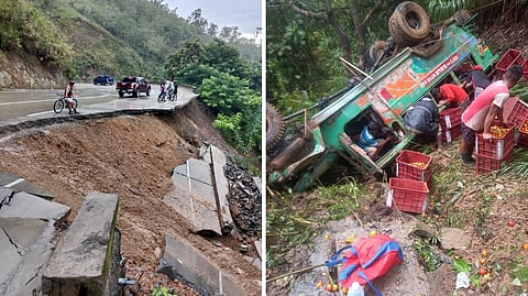 A section of the Nueva Vizcaya-Benguet Road collapsed Friday morning, sending a jeepney loaded with tomatoes crashing into the gap. The driver and a passenger were injured but are now in stable condition.