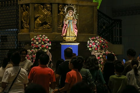 Catholic devotees gather for a mass at the Manila Cathedral as they celebrate the Feast of the Nativity of the Blessed Virgin Mary on 8 September 2025. 