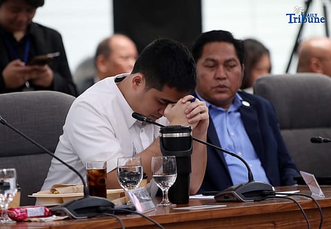 Former DPWH Bulacan 1st District Engineer Brice Ericson Hernandez and former Assistant Engineer JP Mendoza present a photo of Sen. Jinggoy Estrada and a text message from Sen. Joel Villanueva during the House infrastructure committee hearing on alleged flood control anomalies, Tuesday, September 9, 2025. Also in attendance were DPWH officials, contractors, and Pasig City Mayor Vico Sotto.