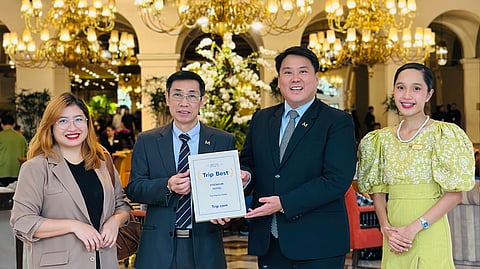 Rose Angelie Quilicol, market manager for High Star and Local Chains of Trip.com, Louie Reyes, revenue manager of The Manila Hotel, Marvin Kim Tan, vice president for sales and marketing of The Manila Hotel.