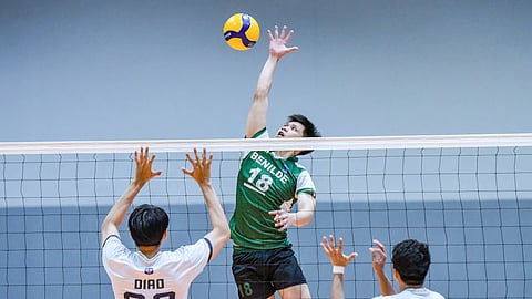 JOHN Austero of Saint Benilde soars for a kill during their 2025 V-League Collegiate Challenge game against NU on Wednesday. The Blazers prevailed, 25-22, 25-22, 27-29, 15-25, 15-12. 
