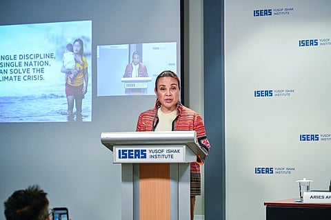 Senator Loren Legarda while delivering a lecture at the ISEAS Public Lecture in Singapore as the 83rd Lee Kuan Yew Exchange Fellow