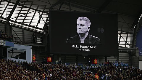 The crowd and teams hold a moment of appreciation for late boxer Ricky Hatton during the English Premier League football match between Manchester City and Manchester United at the Etihad Stadium in Manchester, north west England, on September 14, 2025.
