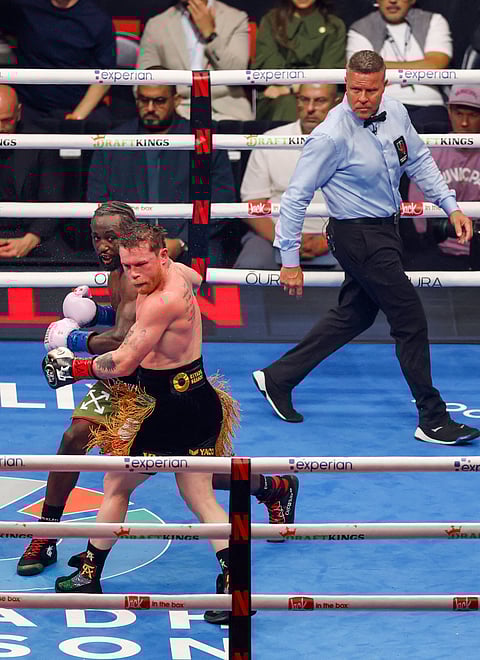 Terence Crawford scores against Mexican Canelo Alvarez en route to a stunning 12-round unanimous decision win in their undisputed world super-middleweight title fight at the Allegiant Stadium in Las Vegas.