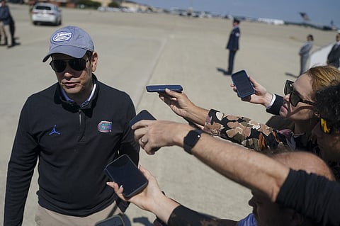 US Secretary of State Marco Rubio speaks to members of the media before departing for Israel at Joint Base Andrews, Maryland, on September 13, 2025. The United States is "not happy" about Israel's air strikes targeting Hamas in Qatar, but the attack will not change Washington's allied status with Israel, Secretary of State Marco Rubio said Saturday as he departed for the region.
