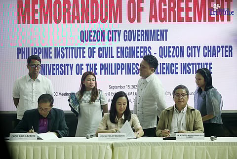 Quezon City Mayor Joy Belmonte, PICE President Engr. Paul Lazarte, and UP Resilience Institute Executive Director Dr. Mahar Lagmay sign a memorandum of agreement between the Quezon City government, the Philippine Institute of Civil Engineers–QC Chapter, and the UP Resilience Institute. The partnership marks their third commitment to science-based planning, resilient infrastructure, and data-driven flood control solutions for the city.