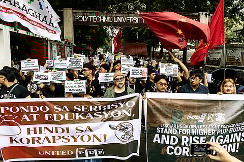 College students from Polytechnic University of the Philippines storm out of their classrooms to protest against the widespread corruption of the flood control projects under the Marcos Jr. administration, in Sta. Mesa, Manila on Monday, 15 September 2025.


