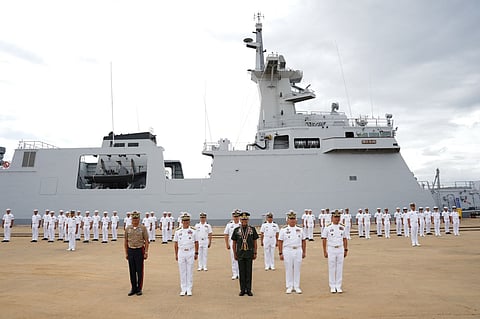 AFP Chief of Staff General Romeo S. Brawner Jr. (center) joins senior Philippine Navy officers and BRP Diego Silang (FFG-07) in celebrating the ship’s induction.  