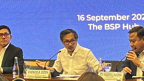 (FROM LEFT) Anti-Money Laundering Council Executive Director Atty. Matthew David, DPWH Secretary Vince Dizon, and BSP General Counsel Roberto Figueroa announce coordinated efforts to freeze assets of officials and contractors implicated in alleged flood-control project anomalies, invoking both the Anti-Money Laundering Act and the new Anti-Financial Account Scamming Act.