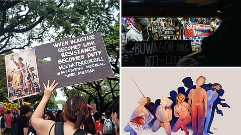 'Medikal hindi Militar' by Dayanara Cudal, 'Untitled' by Reiben Denaga and 'The Echoes of Dissent' by Sophia Theodora Odulio.