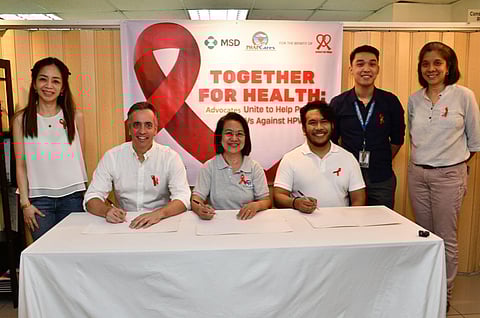 (Seated L-R) Andreas Riedel, President and Managing Director, MSD in the Philippines; Dr. Maria Rosarita Siasoco, Executive Director, PHAPCares Foundation; and Ico Johnson, President, Project Red Ribbon sign a partnership agreement to provide HPV vaccines for people living with HIV (PLHIV), witnessed by (Standing L-R:) Dr. Joan Carlota Ranieses, Partner Physician, Project Red Ribbon; Syo Joseph Mateo, HIV Surveillance Officer, Epidemiology Bureau, Department of Health; and Dr. Rocylene Roque, HIV Coordinator, Pasig City Health Office