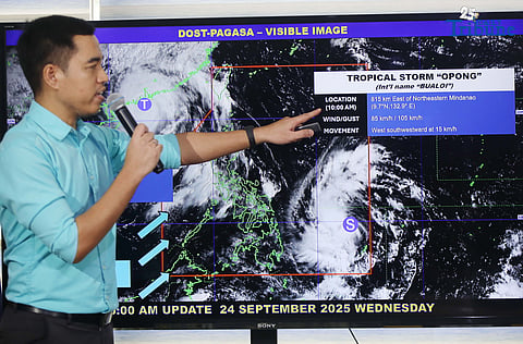 (September 24 2025) On Wednesday September 24 2025, Pagasa Meteorologist Benison Estareja give an update of Tropical Storm Opong which is further intensifies while moving west southwestward over the Philippine sea, the center of TS Opong was estimated based on all available data at 815 km East of Northeastern Mindanao, packing winds of 85 kilometers per hour and up to 105 kph gusts, Opong and the enhanced southwest monsoon will bring significant rainfall over Central and Southern Luzon, Visayas, and parts of Ilocos Region and Cagayan Valley from Thursday afternoon to Saturday afternoon. Photo/Analy Labor