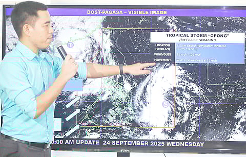 PAGASA meteorologist Benison Estareja provides an update on tropical storm ‘Opong,’ which continues to intensify as it moves west-southwest over the Philippine Sea. The storm’s center is currently estimated at 815 km east of Northeastern Mindanao, with winds of 85 kph and gusts up to 105 kph.