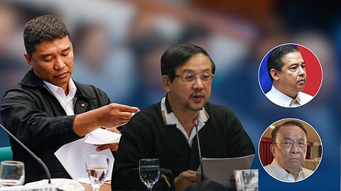 Flood of denials Orly Regala Guteza (left) and former DPWH undersecretary Roberto Bernardo (center) unraveled tales of suitcases and millions flowing like swollen rivers into the halls of power, naming former House speaker Martin Romualdez (upper inset), the office of Executive Secretary Lucas Bersamin, and other lawmakers as alleged recipients of flood control kickbacks. Romualdez, Bersamin, Rep. Zaldy Co, Sen. Chiz Escudero, and former senators Bong Revilla and Nancy Binay have all denied the charges, leaving the public to wade through truth, half-truths and shadows.