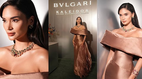 Designer Mark Bumgarner created a unique taupe silk taffeta gown for the Miss Universe 2015.