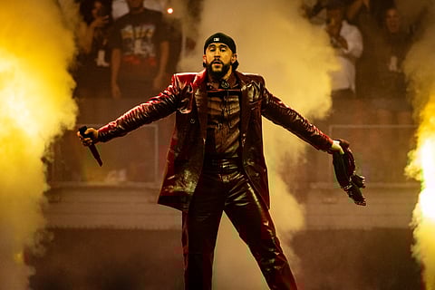 Puerto Rican singer Bad Bunny performs on stage during his "Most Wanted Tour" at the Kaseya Center in Miami on 24 May 2024. 