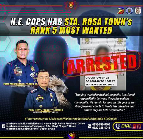 FUGITIVE NABBED | N.E. cops arrest Sta. Rosa Town's Rank 5 Most Wanted for Violation BP 22. September 29, 2025, marks a win for justice. | Franco Regala
