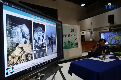 (October 01 2025) At the press-conference on Wednesday October 1 2025, chief of the Seismological Observation and Earthquake Prediction Division of the Department of Science and Technology-Philippine Institute of Volcanology and Seismology (DOST-PHIVOLCS) Winchelle Ian Sevilla, discuss and an updates on the Magnitude 6.9 offshore northern Cebu earthquake during the media briefing at the DOST-PHIVOLCS Head office in Quezon City on Wednesday. Sevilla shows a damage photo of Archdiocesan Shrine of Santa Rosa De Lima in Daanbantayan and road damage of Tabogon Cebu, of the Magnitude 6.9 earthquake, with recorded 795 aftershocks, centered 19 kilometers northeast off the coast of Bogo City, Cebu. Photo/Analy Labor