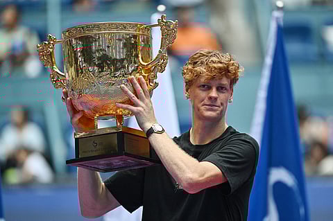 JANNIK Sinner lifts the trophy after beating Learner Tien of the United States in the final of the China Open men’s singles event in Beijing on Wednesday.