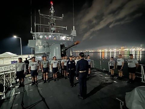 Officers and crew of BRP APOLINARIO MABINI PS36 conducts muster to ensure personnel safety and readiness on September 30, 2025. (Photo by Philippine Navy)