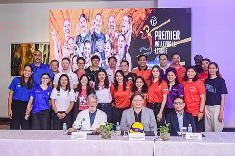 
PVL president Ricky Palou, PVL commissioner Sherwin Malonzo and Cignal head of Sports Content Mico Halili present the coaches and team captains of all 12 competing squads during the press launch of the Reinforced Conference on Thursday.