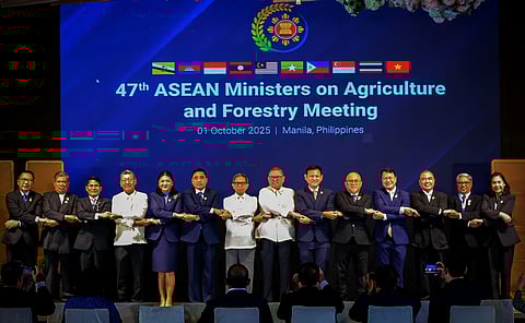 ASEAN senior officials, including Philippine Agriculture Secretary Francisco Tiu-LaureL who has formally assumed the Chairmanship of the ASEAN Ministers for Agriculture and Forestry for 2026, pose for the cameras doing the traditional handshake during the 47th ASEAN Ministers on Agriculture and Forestry Meeting in Manila on 1 October 2025. 