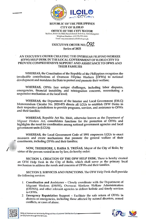 Mayor Raisa Trenas-Chu formalizes Executive Order No. 92 to strengthen Iloilo City’s response and support system for Overseas Filipino Workers (OFWs) in need of help.