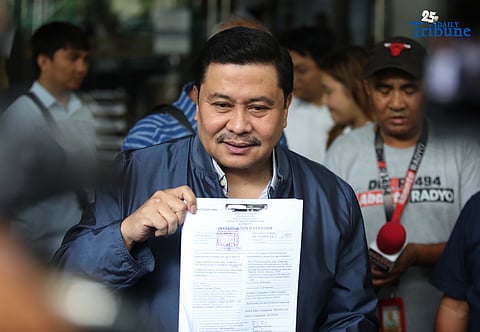 Senator Jinggoy Ejercito Estrada files a criminal complaint for perjury against former Bulacan First District Assistant Engineer Brice Hernandez at the Quezon City Office of the City Prosecutor on Tuesday, 7 October.