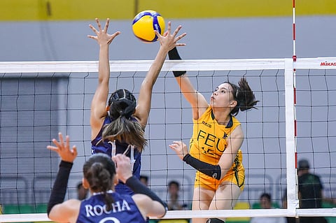 GERZEL Petallo of FEU attacks the Adamson defense en route to a 25-13, 25-22, 15-25, 25-23 victory in Game 2 of their 2025 V-League Collegiate Challenge women’s volleyball tournament on Wednesday.