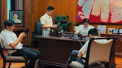 [File Photo] President Ferdinand Marcos Jr. spends some time with his three sons - Sandro, Simon, and Vincent in his office at Malacañang Palace.