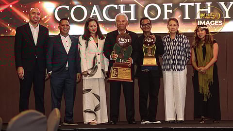
CHOT Reyes celebrates after clinching his seventh PBA Press Corps Coach of the Year honors during its Annual Awards Night on Monday.
