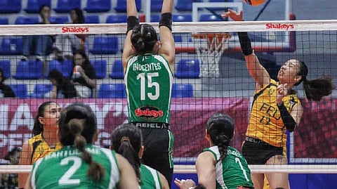 Alyzza Devosora fires her way to a 16-point performance in FEU’s 25-21, 25-20, 21-25, 25-23 victory over Saint Benilde in the 2025 Shakey’s Super League Preseason Unity Cup on Friday at the San Andres Gym in Manila.
