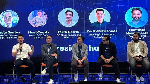 At Globe's DevCon 2025 which united some of the country’s brightest minds to shape the future of digital innovation, along with over 1,000 participants from Globe’s tech and business communities, partner companies, and academic institutions are (from left) Globe assistant vice president Digital Solutions and Engineering Keith Batallones,  Globe ISG Data Services head Noel Carpio, Globe ISG Cloud Engineering director Mark Gesite, Globe Architecture and Quality Transformation head Paolo Santos and Mumshad Mannambeth KodeKloud founder and CEO.