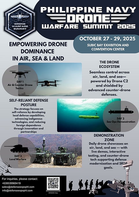 The Philippine Navy Drone Warfare Summit 2025, scheduled for 29 to 27 October 2025, at the Subic Bay Exhibition and Convention Center, Subic Bay Freeport Zone, Olongapo City, will focus on empowering drone dominance across air, sea, and land domains. The summit will feature demonstrations, discussions on self-reliant defense, and advancements in indigenous and counter-drone technologies.