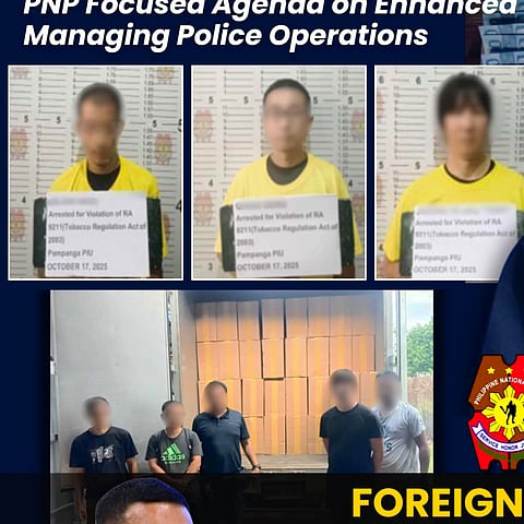 Three Chinese nationals were arrested by authorities after a buy-bust operation of unregulated tobacco products at Barangay Calantipe, Apalit, Pampanga, around 2:50 p.m. on October 17, 2025.
