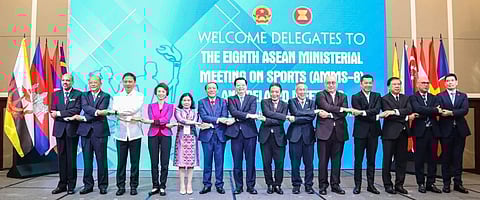
PHILIPPINE Sports Commission chairman Patrick ‘Pato’ Gregorio (third from left) shows his solidarity with the sports ministers from other Southeast Asian countries during the 8th ASEAN Ministerial Meeting on Sports in Hanoi.