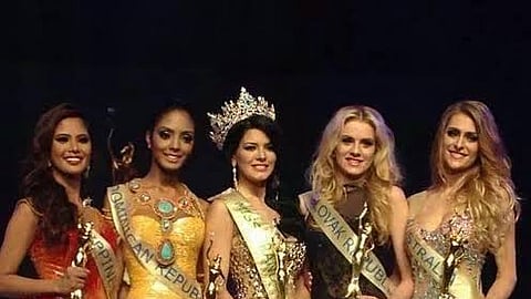The Philippines (first from left) placed Third Runner Up in the 2013 edition of Miss Grand International Pageant