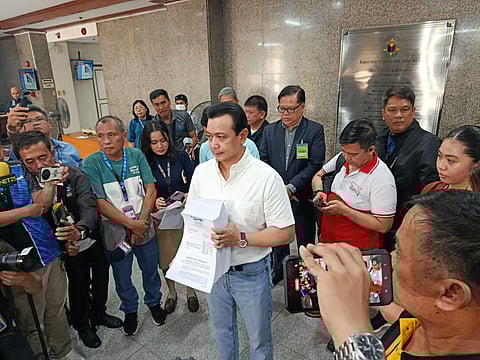 Former Senator Antonio “Sonny”  Trillanes IV went to the  Office of the Ombudsman on Tuesday morning, 21 October 2025 to file a plunder complaint to former President Rodrigo Duterte and Senator Christopher Lawrence “Bong” Go, for  alleged abuse of their public office to channel nearly ₱7 billion worth of government infrastructure projects to CLTG Builders and Alfrego Builders.|Photo: Ralph Rirao 