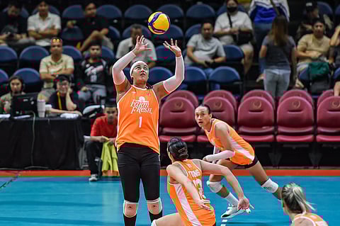 Alohi Robins-Hardy sets up Farm Fresh for a strike in its 25-22, 22-25, 25-21, 25-22 win over Capital1 in their PVL Reinforced Conference game on Tuesday at the Smart Araneta Coliseum.