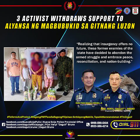 Three activists have withdrawn their support to a militant farmer’s group during a denouncement ceremony at Barangay Carmen in the town of Zaragoza, Nueva Ecija on 23 October 2025.