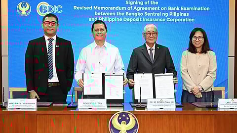 BSP Governor Eli M. Remolona Jr. (2nd from right) said the updated memorandum of agreement between the Bangko Sentral ng Pilipinas and the Philippine Deposit Insurance Corporation Inc. ‘strengthens our partnership by defining our division of labor more clearly: BSP focuses on credit, market, (and) operational risks (while the) PDIC focuses on deposit-related risks.’ Photo after the MoA signing shows (from left) PDIC vice president Niño Ray L. Villaluna, PDIC president Roberto B. Tan and BSP Deputy Governor Lyn I. Javier.