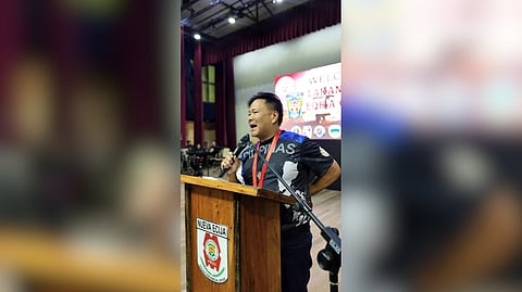 Senator JV Ejercito delivers a message during the Lakan Ride for a Cause 2025 at the Nueva Ecija Convention Center in Palayan City.