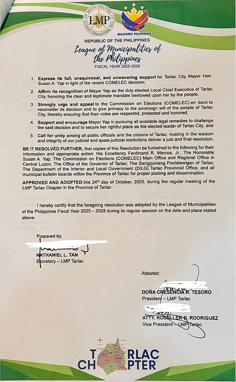 The League of Municipalities of the Philippines-Tarlac Chapter has signed Resolution No. 4, Series of 2025, signifying their unanimous and unwavering support for Tarlac City Mayor Susan Yap in her fight against Comelec’s disqualification. 