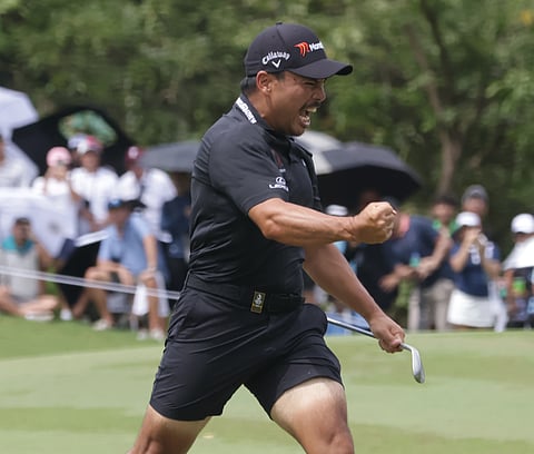 
MIGUEL Tabuena celebrates after sinking an eagle in the final round of the International Series presented by BingoPlus on Sunday at the Sta. Elena Golf and Country Club.    