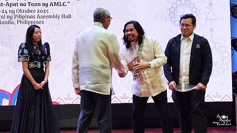 APECO President and CEO Atty. Gil G. Taway IV greets BSP Governor Eli M. Remolona Jr. during AMLC’s 24th anniversary celebration. The AMLC honored APECO for its role in helping the Philippines exit the FATF grey list through reforms that promote transparency and accountability.