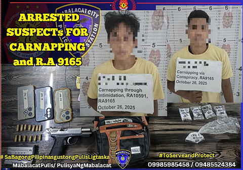 The Mabalacat City Police arrested two suspects for carnapping, illegal possession of firearms, and illegal possession of drugs after a hot pursuit operation on 26 October 2025.