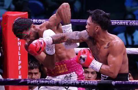 
Eumir Marcial punishes Venezuelan rival Eddy Colmenares in their action-packed 10-round middleweight slugfest during the Thrilla in Manila golden anniversary celebration at the Smart Araneta Coliseum.