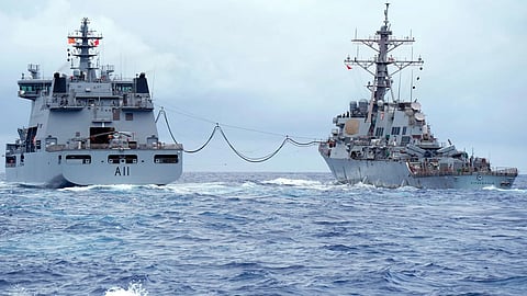The Royal New Zealand Navy’s HMNZS Aotearoa (A11) and US Navy’s USS Fitzgerald (DDG-62) conduct Fueling at Sea during the Multilateral Maritime Cooperative Activity in the West Philippine Sea on 30 October.